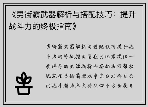 《男街霸武器解析与搭配技巧：提升战斗力的终极指南》